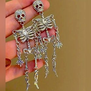Skeleton Gothic Whimsy Goth Silver and Rhinestone Accent Dangle Earrings